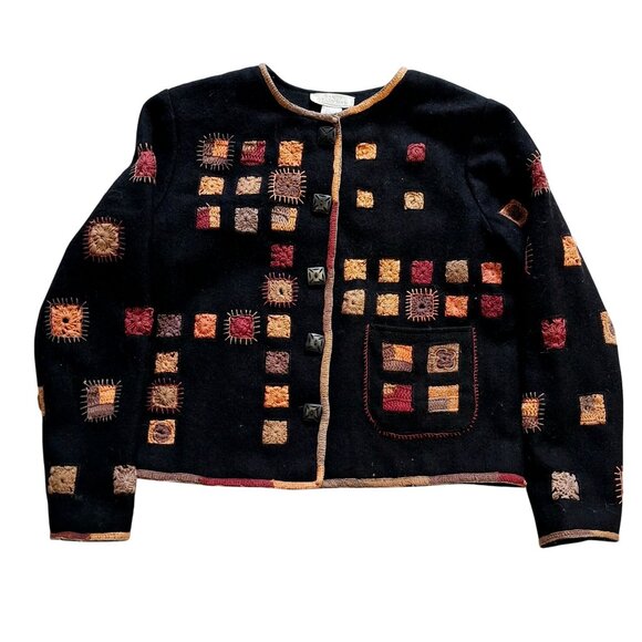 Sandy Starkman Vintage Black Wool Blend Jacket With Embroidered Square Patterns - Picture 1 of 5